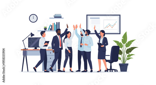 Six diverse business professionals celebrate success with high-fives in a modern office setting.