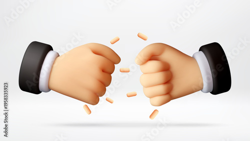 Two businessman hands performing fist bump in 3D style. Symbol of team cooperation, professional agreement and success. Concept of partnership, unity and business collaboration. Vector illustration