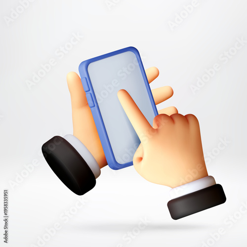 Cartoon 3d hand holding and touching smartphone screen. Mobile communication and digital interaction. Modern technology device for app interface design and user experience. Vector illustration