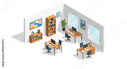 An isometric office room features three wooden desks with computers, bookshelves, a plant, and windows on white walls.