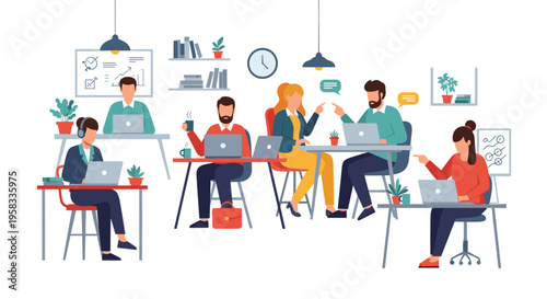 Diverse individuals work and collaborate at desks in a vibrant open-plan office space with laptops and various office elements.