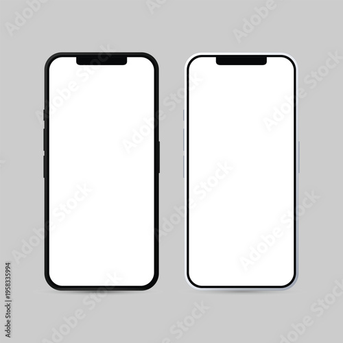 Two blank smartphones side by side on a gray background for mobile design concept