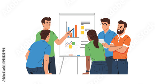 Five diverse individuals gather around a whiteboard displaying colorful bar charts and text during a collaborative meeting.