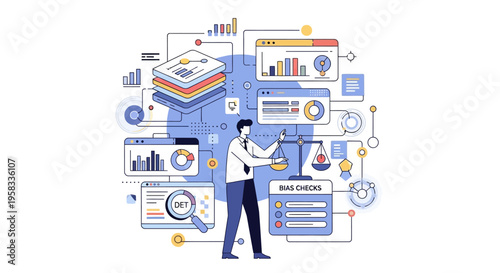Man Balancing Business Data and Financial Scales.