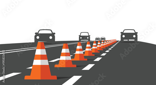 A row of orange and white traffic cones lines a dark road with dashed white lines as car silhouettes recede into the distance.