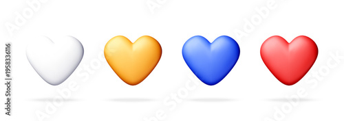 Set of four colorful 3D heart shapes. Glossy floating symbols of love in white yellow blue and red. Minimalist digital elements for valentine day or romantic design projects. Vector illustration