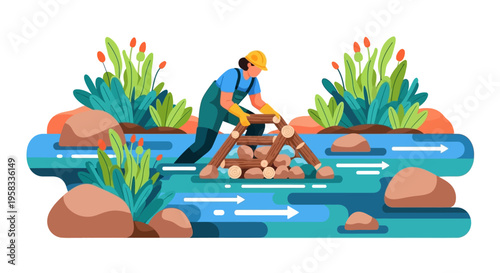 Man building a dam with logs in a river.