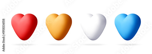 Set of 3D colorful heart shapes. Vector illustration of glossy realistic hearts isolated on white background. Symbol of love, care, romance and Valentine day celebration design. Vector illustration