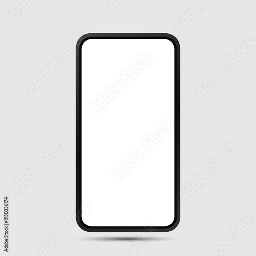 A sleek black smartphone with a blank white screen on a light gray background