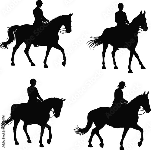 Dressage horse rider silhouette set, equestrian sports competition icons isolated on white background vector