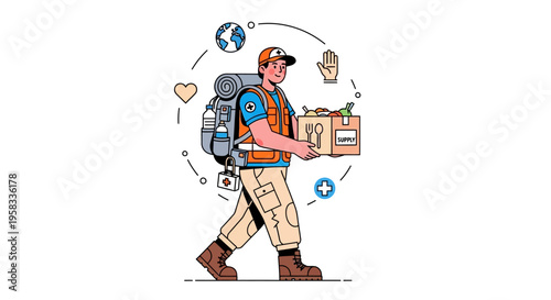 Man carrying donation box with backpack and humanitarian symbols.