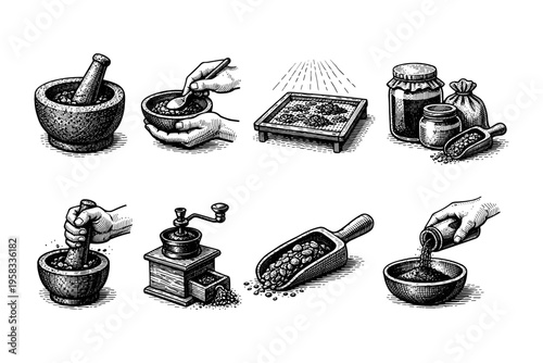 Vintage illustration of various methods for processing spices and herbs
