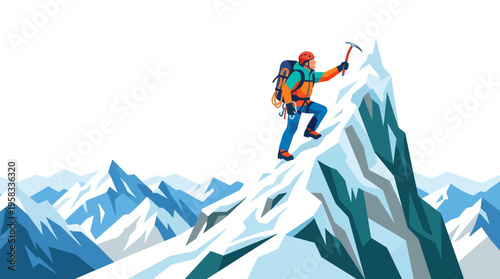 Man climbing snowy mountain peak with ice axe.