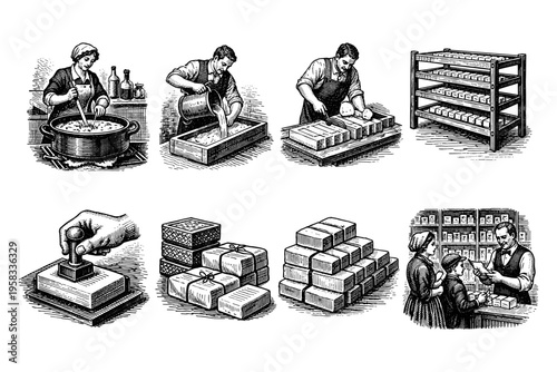 Vintage illustration depicting the historical process of soap making and selling