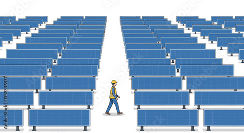 A worker in a hard hat and safety vest walks between long rows of blue solar panels on a white background.