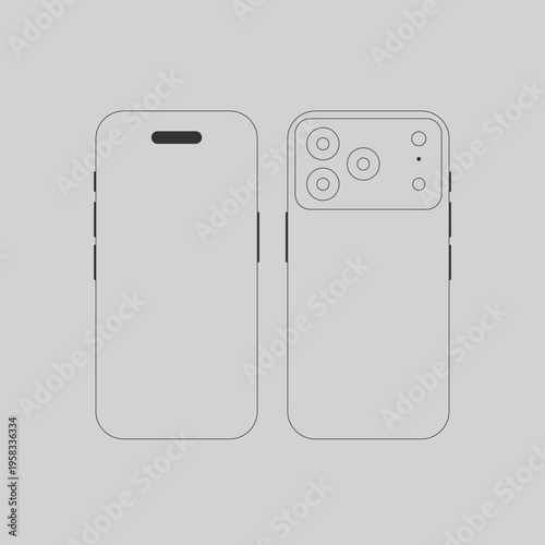 A technical drawing of a smartphone from the front and back showcasing its sleek design and camera layout