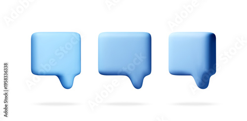 Three blue speech bubbles in 3D style. Minimalist message icons for communication and chat interfaces. Digital graphic design for web application and social media feedback. Vector illustration