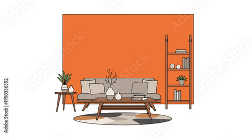 A minimalist living room with a grey sofa, wooden tables, and a bookshelf is set against a vibrant orange accent wall.