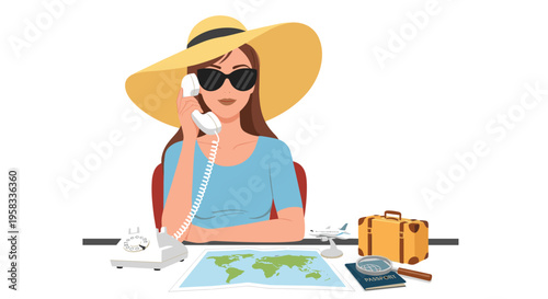 A cartoon woman in a large hat and sunglasses talks on a rotary phone at a desk with travel items against a white background.