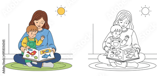 Mother sitting on the floor reading a book to her little son. Educational family vector illustration coloring page with full color and black and white line art outline versions.