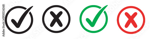 Green tick and red cross checkmarks, right and wrong icons set, approval rejection symbols, checkmark and X mark vector illustration