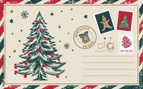 Vintage Christmas Postcard with Hand-Drawn Tree and Stamps