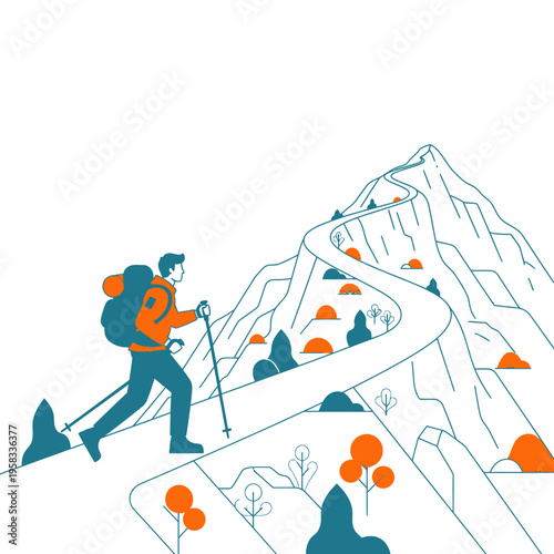 Man hiking up a mountain path with trekking poles.