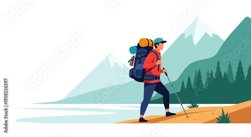 Man hiking with backpack and trekking poles.