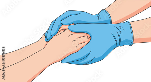 Two hands in blue medical gloves gently hold a bare hand against a light grey background.