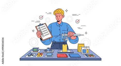 Man holding clipboard and caliper measuring object.