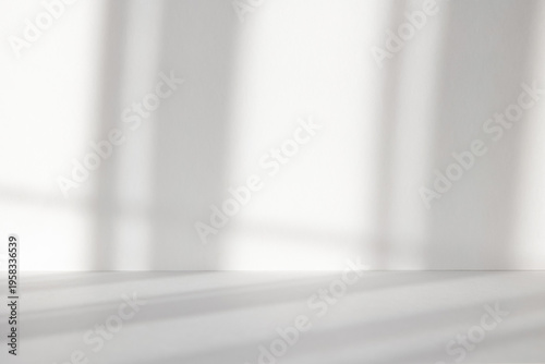 Abstract white studio background with shadows of window. Empty 3d gray room with copy space. Display product with blurred backdrop. Soft focus