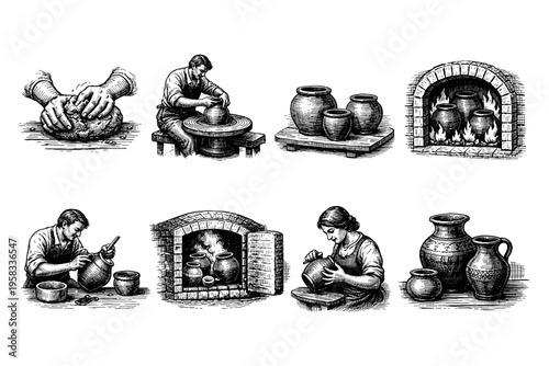 Vintage illustration depicting the pottery making process from start to finish