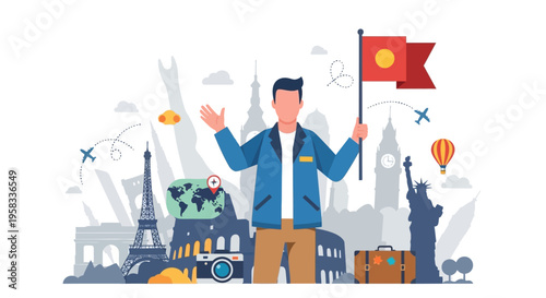 Man holding flag with world landmarks behind him.