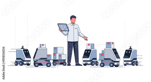 Man controlling autonomous robots in a warehouse setting.