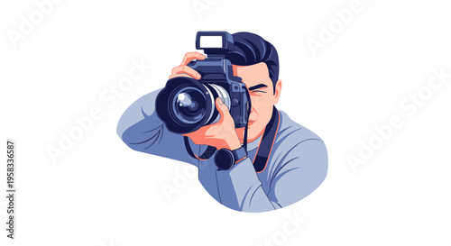 Man holding professional camera taking a photo.