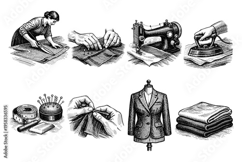 Vintage sewing and tailoring illustrations depicting various craft techniques and tools