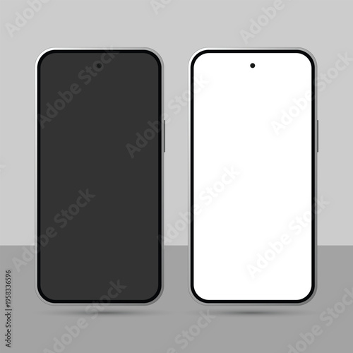 Two smartphones with black and white screens on a gray background for mobile design concept