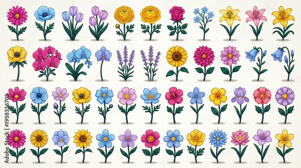 Fototapeta premium Vibrant Floral Collection: Hand-Drawn Flower Icons & Illustrations