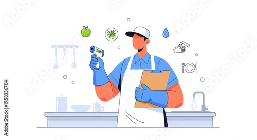 Man in apron and gloves holding thermometer and clipboard.