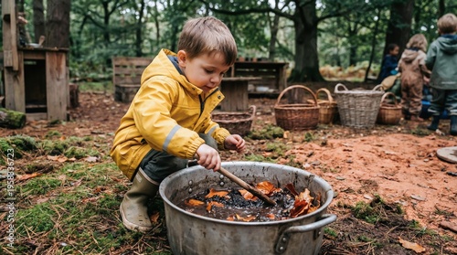 Toddler boy crouching in a forest mixing wet mud and autumn leaves in a large metal pot with a wooden stick during outdoor learning.