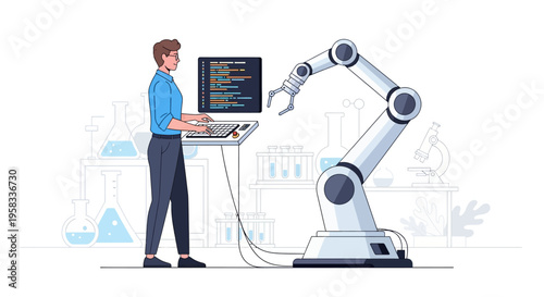 Man controlling robotic arm with computer in modern laboratory.