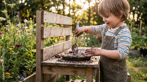 Cheerful little boy in overalls making a mud pie with a spoon on a wooden bench in a sunny summer garden.