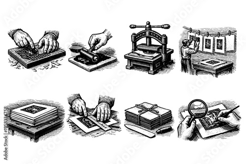 Vintage illustration of the printmaking process from carving to drying prints