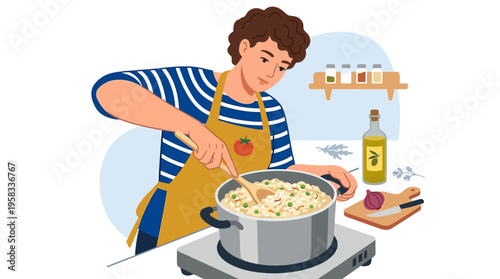 Man cooking delicious food in a pot on stove.