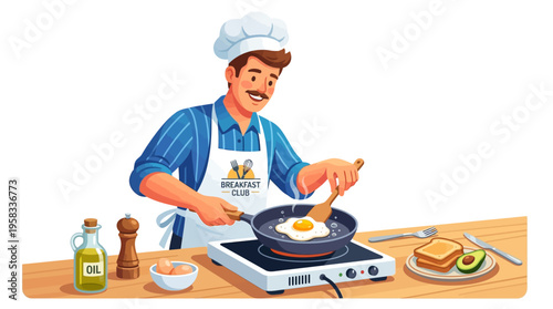 Man cooking breakfast with eggs and toast.