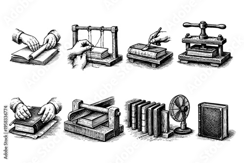 Vintage illustration of bookbinding process showing various stages and tools