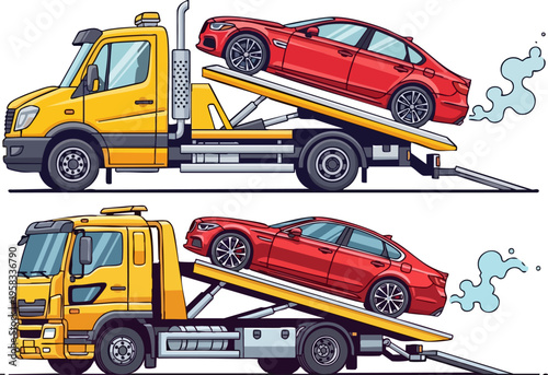 Yellow Tow Truck Hauling Red Sedan Vector Illustration Set for Roadside Assistance and Car Transport