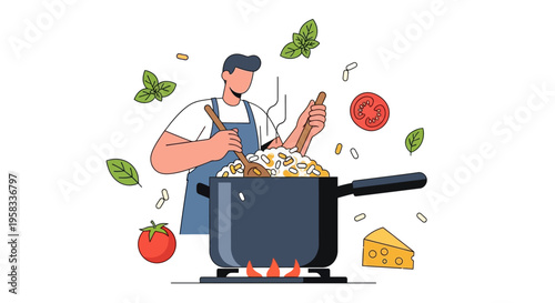 Man cooking delicious pasta dish in a pot on stove.