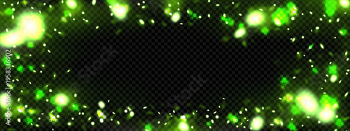 Green firefly dust. Magic glitter and fairy particle effect. Forest bokeh background. Cave fireflies floating in fog. Emerald fantasy glimmer. 3d night toxic stardust texture. Sky flare source