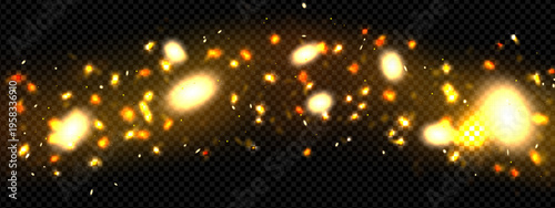 Gold butterfly dust with firefly magic light background. Sparkle cloud and glitter bokeh abstract effect. Flying pollen spray 3d png vector. Realistic bright galaxy stars. Glam confetti xmas filter